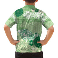 Green Palaka Japanese Patterns Family Matching Puletasi and Hawaiian Shirt Asanoha Seigaiha Sakura Motif LT14 - Polynesian Pride