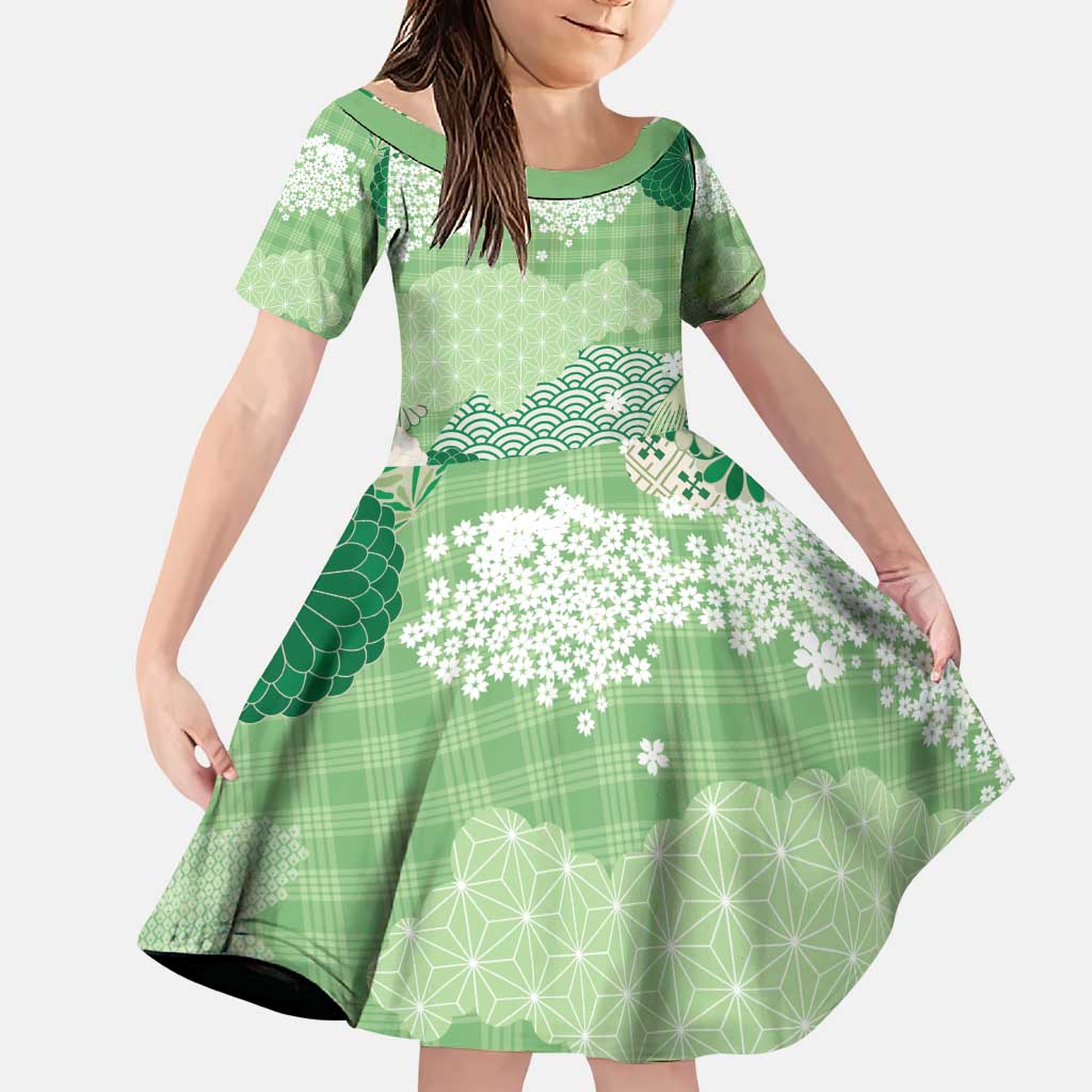 Green Palaka Japanese Patterns Family Matching Puletasi and Hawaiian Shirt Asanoha Seigaiha Sakura Motif LT14 Daughter's Dress Green - Polynesian Pride
