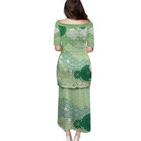 Green Palaka Japanese Patterns Family Matching Puletasi and Hawaiian Shirt Asanoha Seigaiha Sakura Motif LT14 - Polynesian Pride