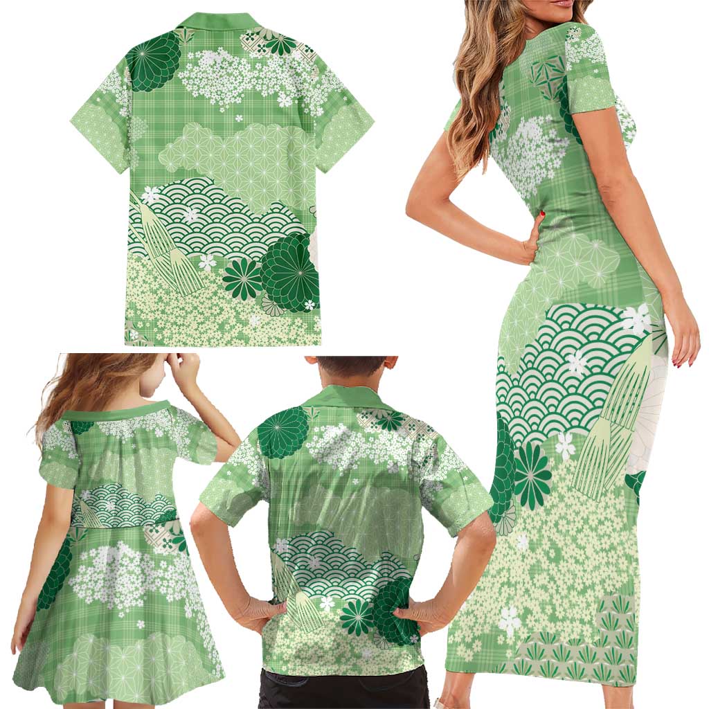 Green Palaka Japanese Patterns Family Matching Short Sleeve Bodycon Dress and Hawaiian Shirt Asanoha Seigaiha Sakura Motif LT14 - Polynesian Pride