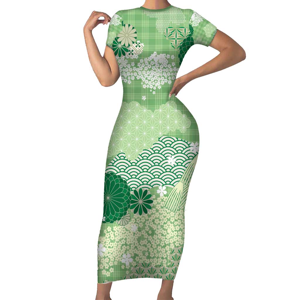 Green Palaka Japanese Patterns Family Matching Short Sleeve Bodycon Dress and Hawaiian Shirt Asanoha Seigaiha Sakura Motif LT14 Mom's Dress Green - Polynesian Pride