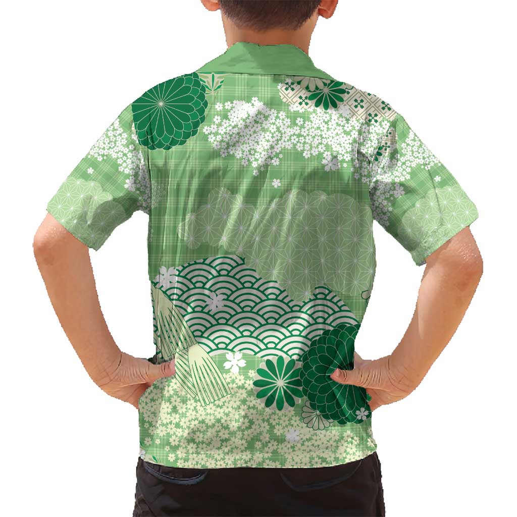 Green Palaka Japanese Patterns Family Matching Summer Maxi Dress and Hawaiian Shirt Asanoha Seigaiha Sakura Motif LT14 - Polynesian Pride