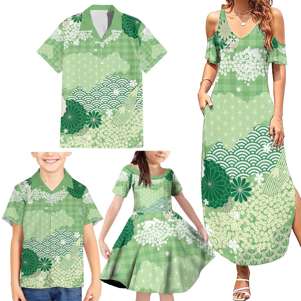 Green Palaka Japanese Patterns Family Matching Summer Maxi Dress and Hawaiian Shirt Asanoha Seigaiha Sakura Motif LT14 - Polynesian Pride