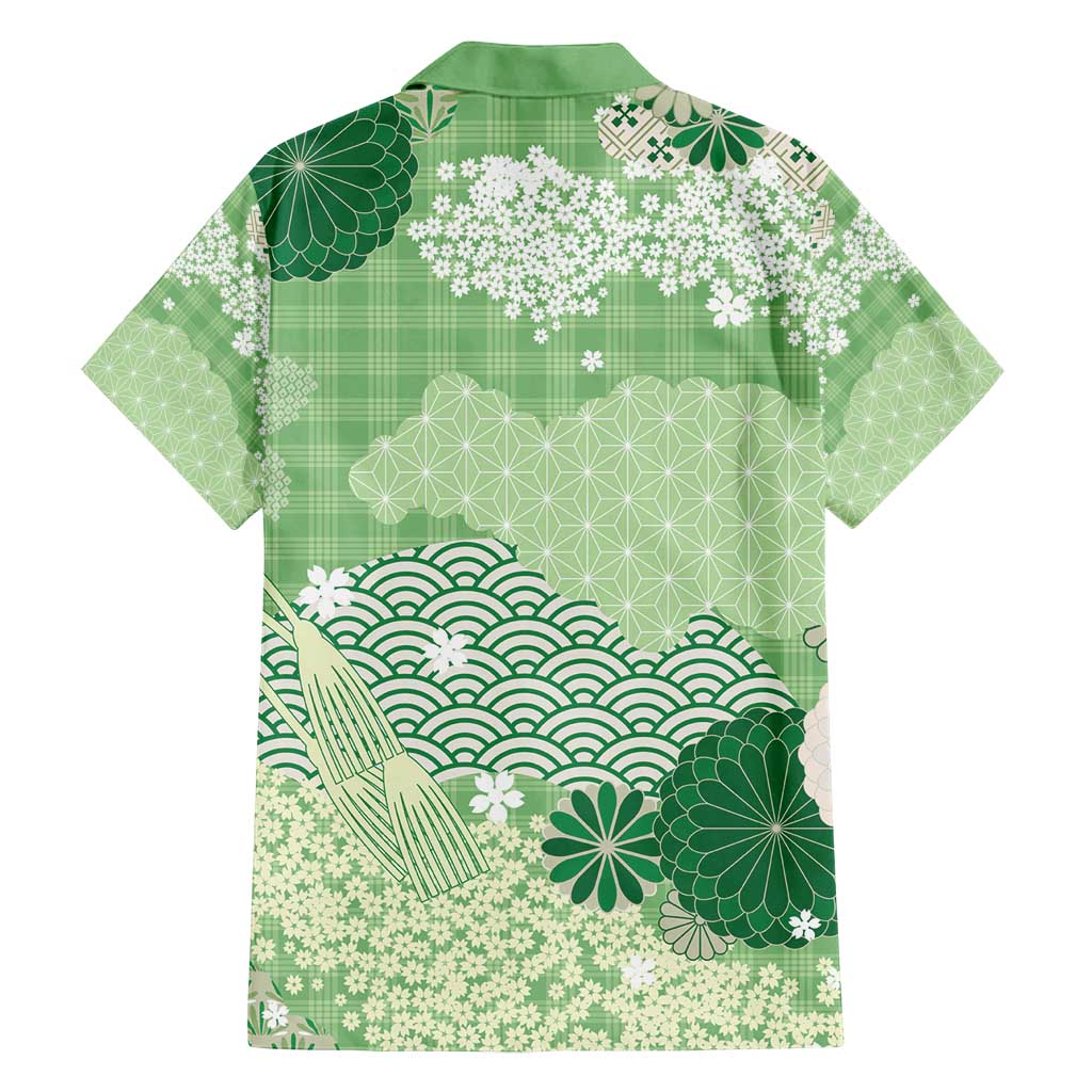 Green Palaka Japanese Patterns Family Matching Summer Maxi Dress and Hawaiian Shirt Asanoha Seigaiha Sakura Motif LT14 - Polynesian Pride