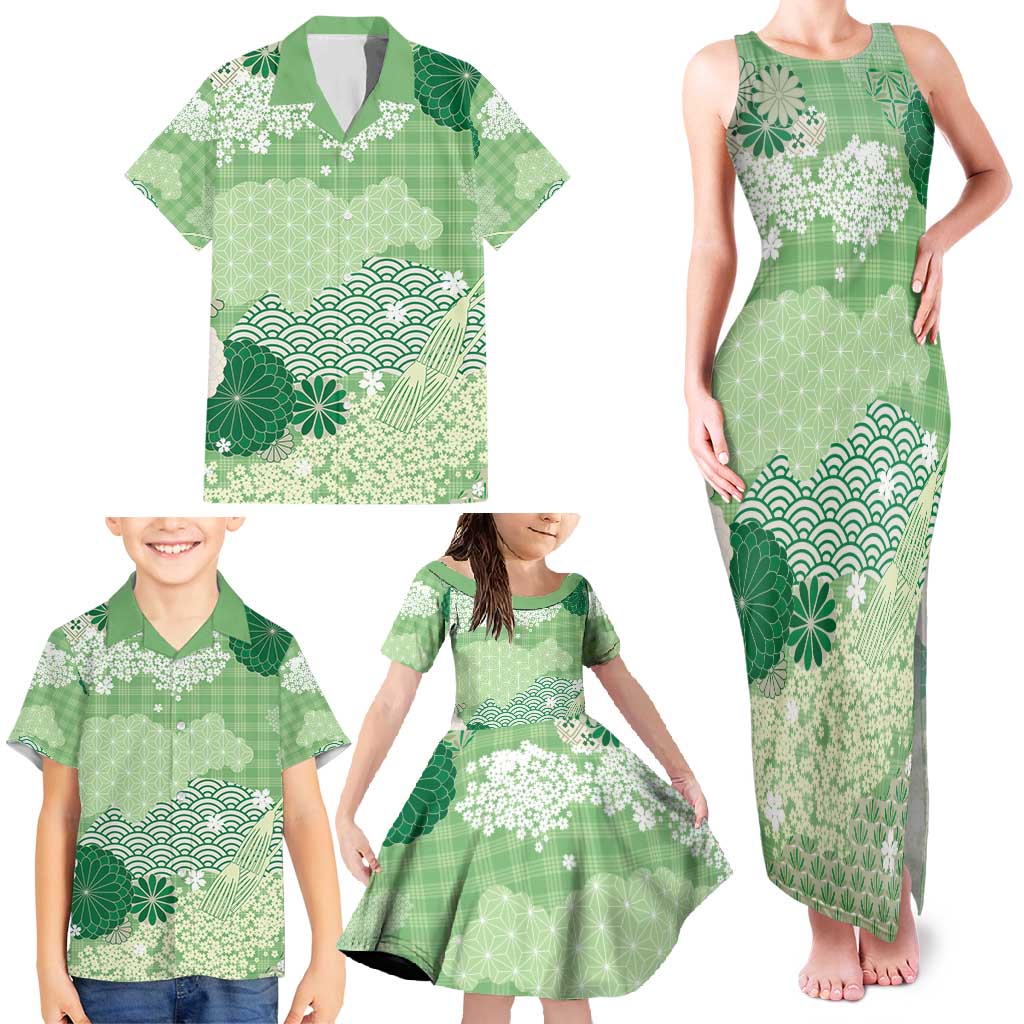Green Palaka Japanese Patterns Family Matching Tank Maxi Dress and Hawaiian Shirt Asanoha Seigaiha Sakura Motif LT14 - Polynesian Pride