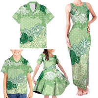 Green Palaka Japanese Patterns Family Matching Tank Maxi Dress and Hawaiian Shirt Asanoha Seigaiha Sakura Motif LT14 - Polynesian Pride