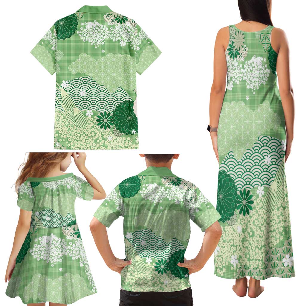 Green Palaka Japanese Patterns Family Matching Tank Maxi Dress and Hawaiian Shirt Asanoha Seigaiha Sakura Motif LT14 - Polynesian Pride