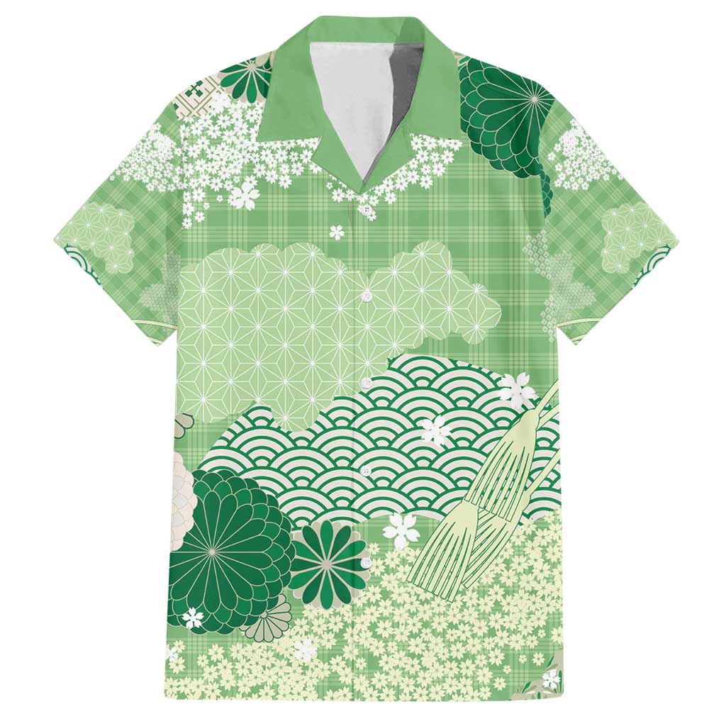 Green Palaka Japanese Patterns Family Matching Tank Maxi Dress and Hawaiian Shirt Asanoha Seigaiha Sakura Motif LT14 Dad's Shirt - Short Sleeve Green - Polynesian Pride