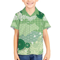 Green Palaka Japanese Patterns Family Matching Tank Maxi Dress and Hawaiian Shirt Asanoha Seigaiha Sakura Motif LT14 Son's Shirt Green - Polynesian Pride