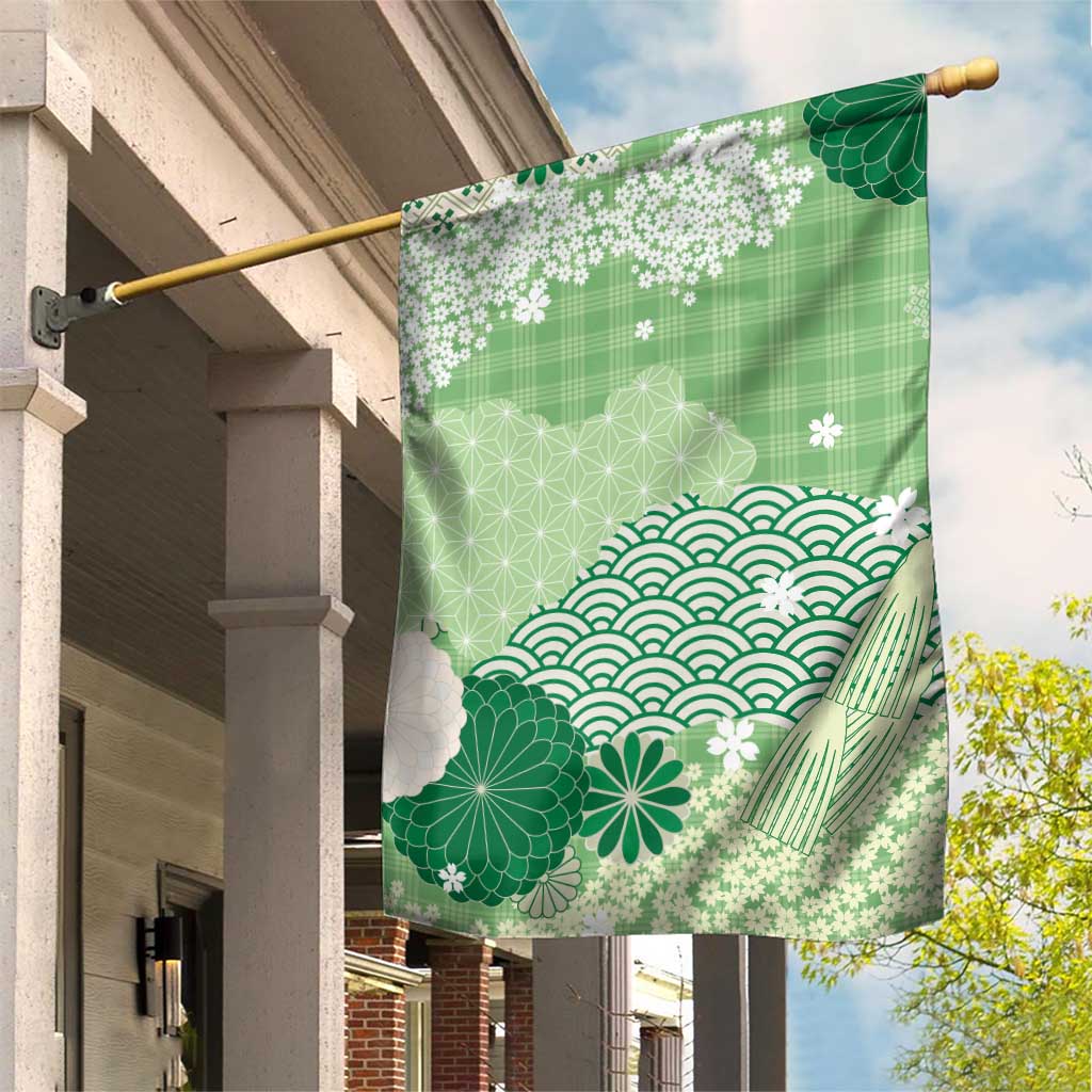 Green Palaka Japanese Patterns Garden Flag Asanoha Seigaiha Sakura Motif LT14 House Flag Green - Polynesian Pride