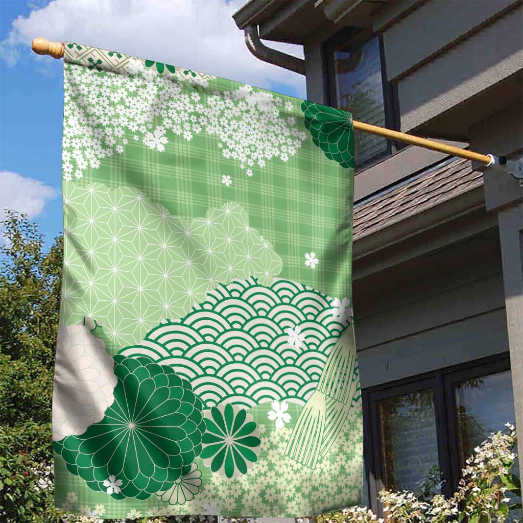 Green Palaka Japanese Patterns Garden Flag Asanoha Seigaiha Sakura Motif LT14 - Polynesian Pride