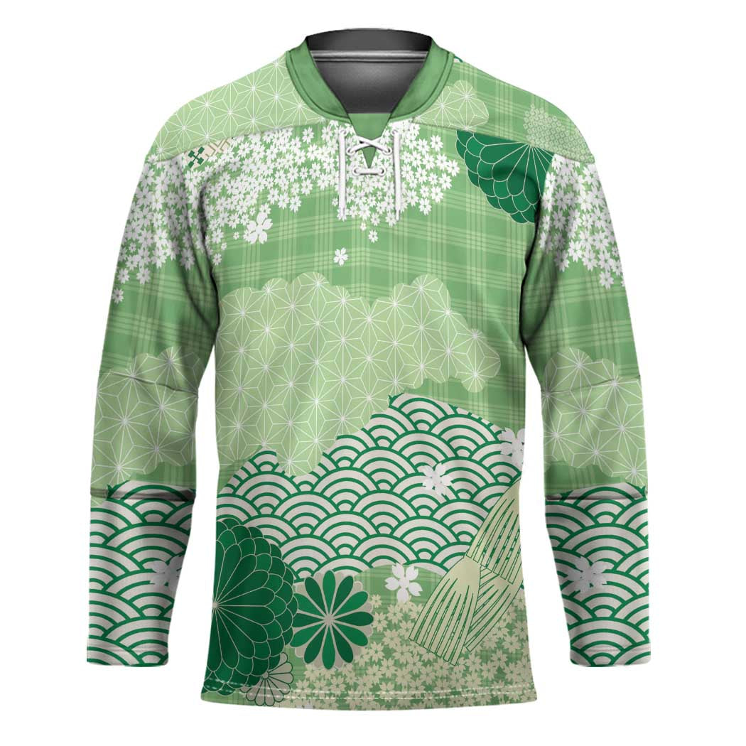 Green Palaka Japanese Patterns Hockey Jersey Asanoha Seigaiha Sakura Motif - Polynesian Pride