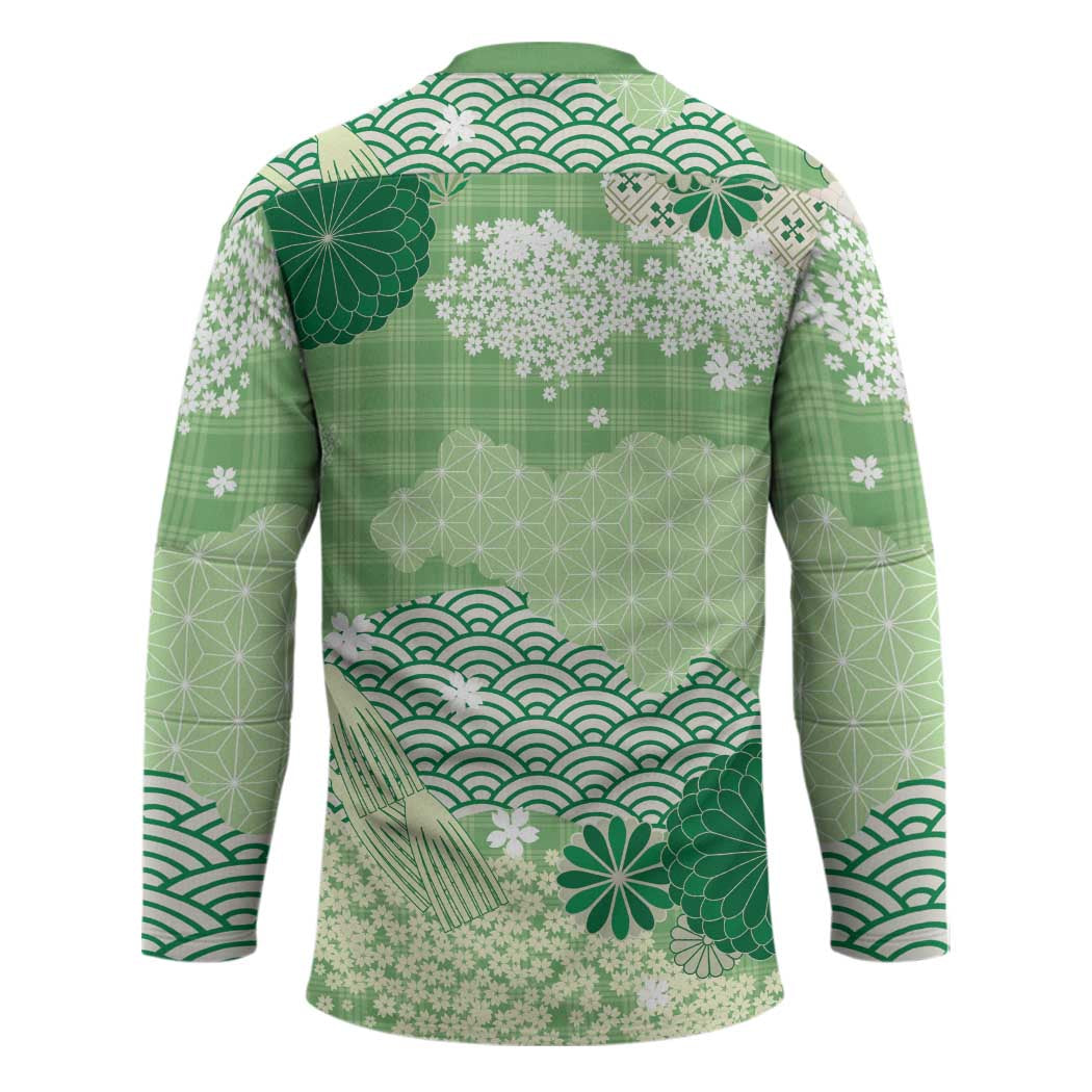 Green Palaka Japanese Patterns Hockey Jersey Asanoha Seigaiha Sakura Motif - Polynesian Pride