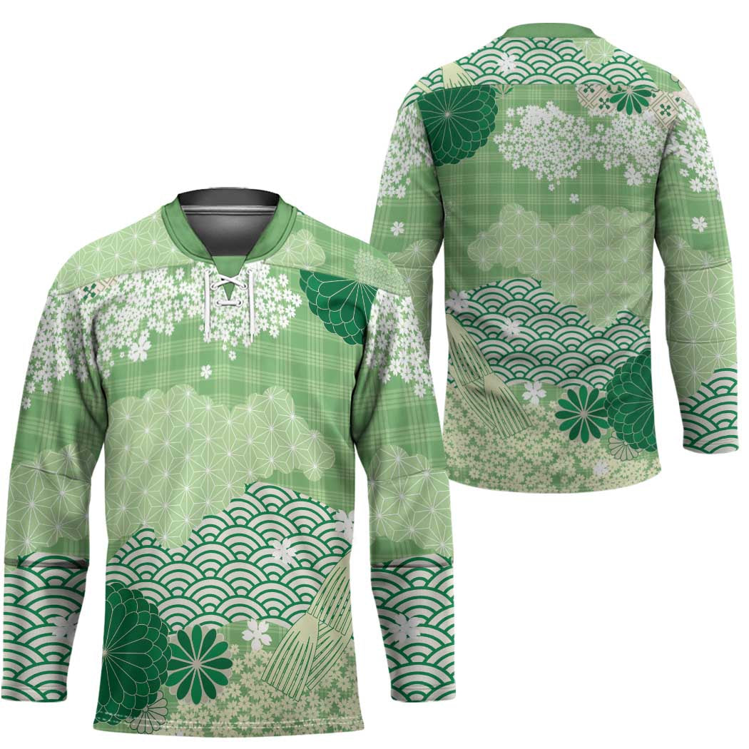 Green Palaka Japanese Patterns Hockey Jersey Asanoha Seigaiha Sakura Motif - Polynesian Pride