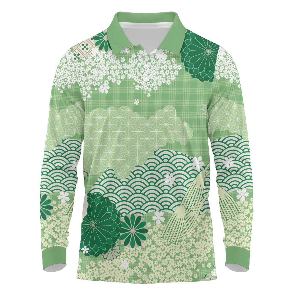 Green Palaka Japanese Patterns Long Sleeve Polo Shirt Asanoha Seigaiha Sakura Motif LT14 Green - Polynesian Pride