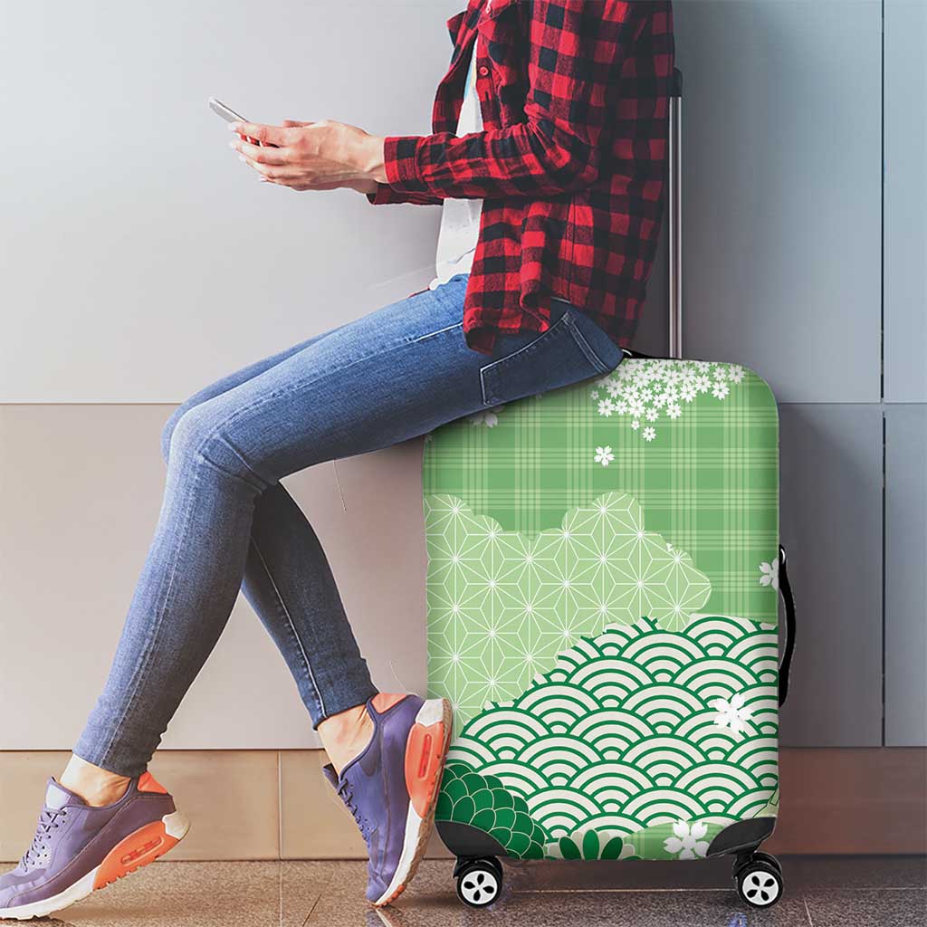 Green Palaka Japanese Patterns Luggage Cover Asanoha Seigaiha Sakura Motif - Polynesian Pride