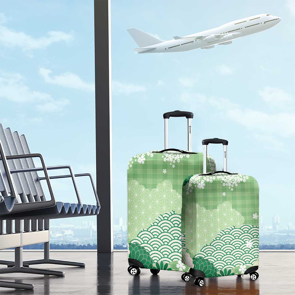 Green Palaka Japanese Patterns Luggage Cover Asanoha Seigaiha Sakura Motif - Polynesian Pride