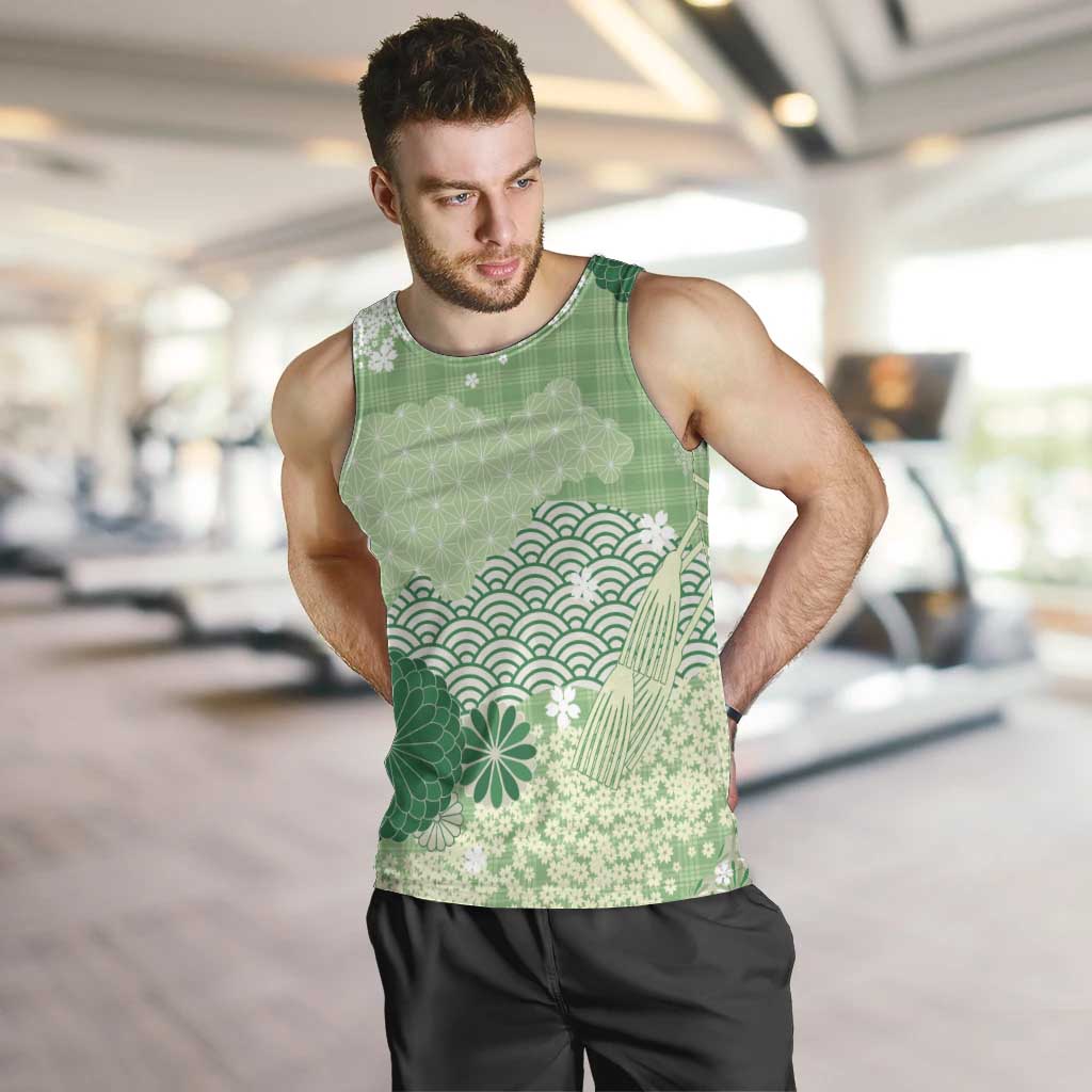 Green Palaka Japanese Patterns Men Tank Top Asanoha Seigaiha Sakura Motif - Polynesian Pride