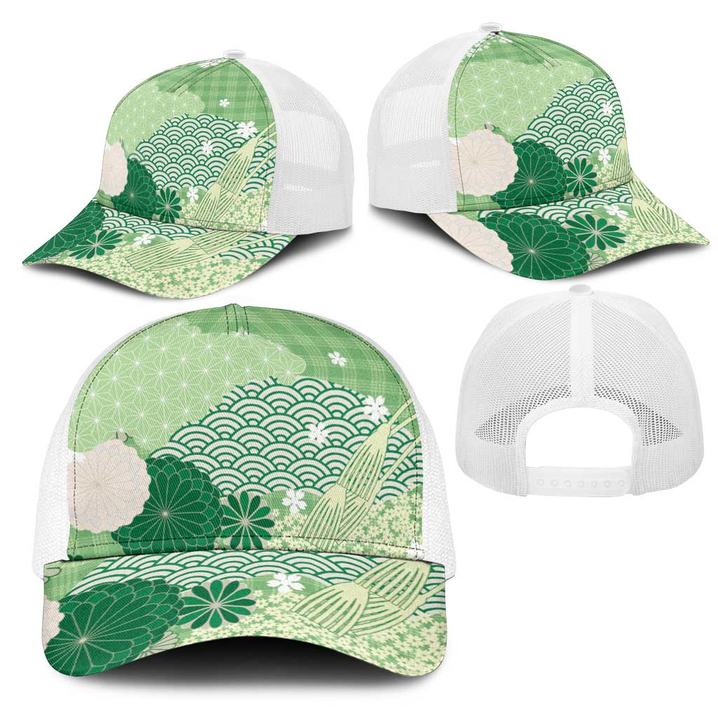 Green Japanese Traditional Motifs Mesh Trucker Cap Palaka With Asanoha Seigaiha Sakura - Polynesian Pride