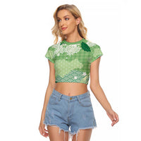 Green Palaka Japanese Patterns Raglan Cropped T Shirt Asanoha Seigaiha Sakura Motif LT14 Female Green - Polynesian Pride