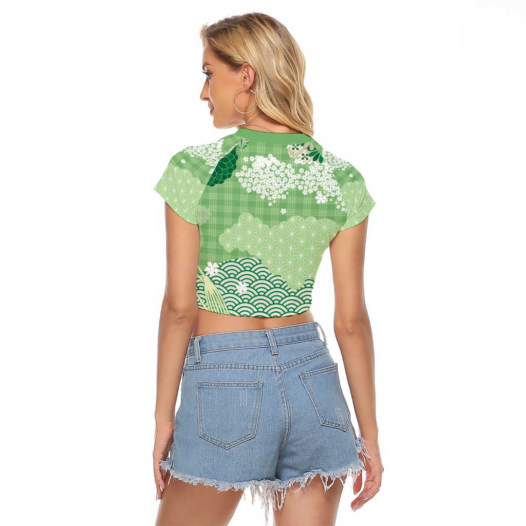 Green Palaka Japanese Patterns Raglan Cropped T Shirt Asanoha Seigaiha Sakura Motif LT14 - Polynesian Pride