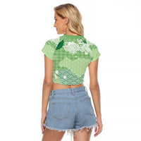 Green Palaka Japanese Patterns Raglan Cropped T Shirt Asanoha Seigaiha Sakura Motif LT14 - Polynesian Pride