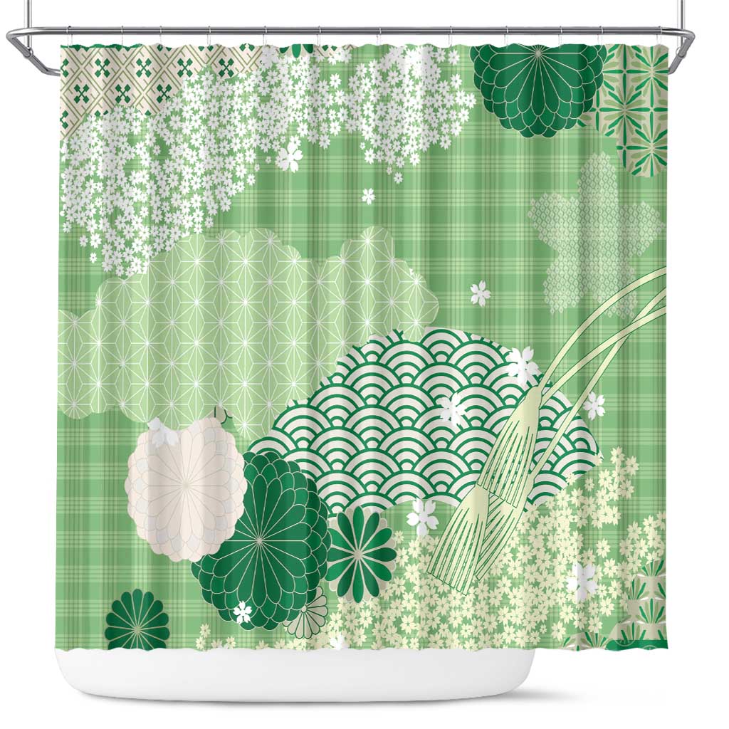 Green Palaka Japanese Patterns Shower Curtain Asanoha Seigaiha Sakura Motif LT14 Green - Polynesian Pride