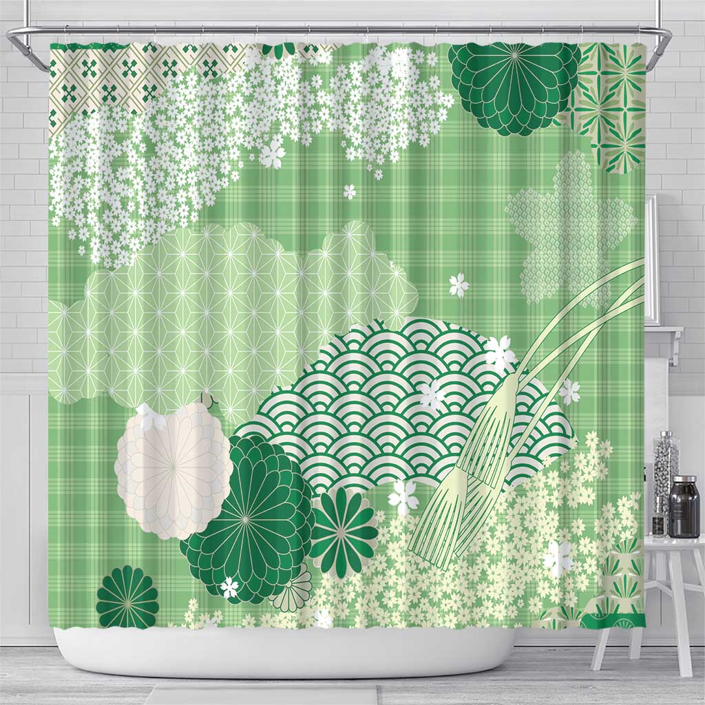 Green Palaka Japanese Patterns Shower Curtain Asanoha Seigaiha Sakura Motif LT14 - Polynesian Pride