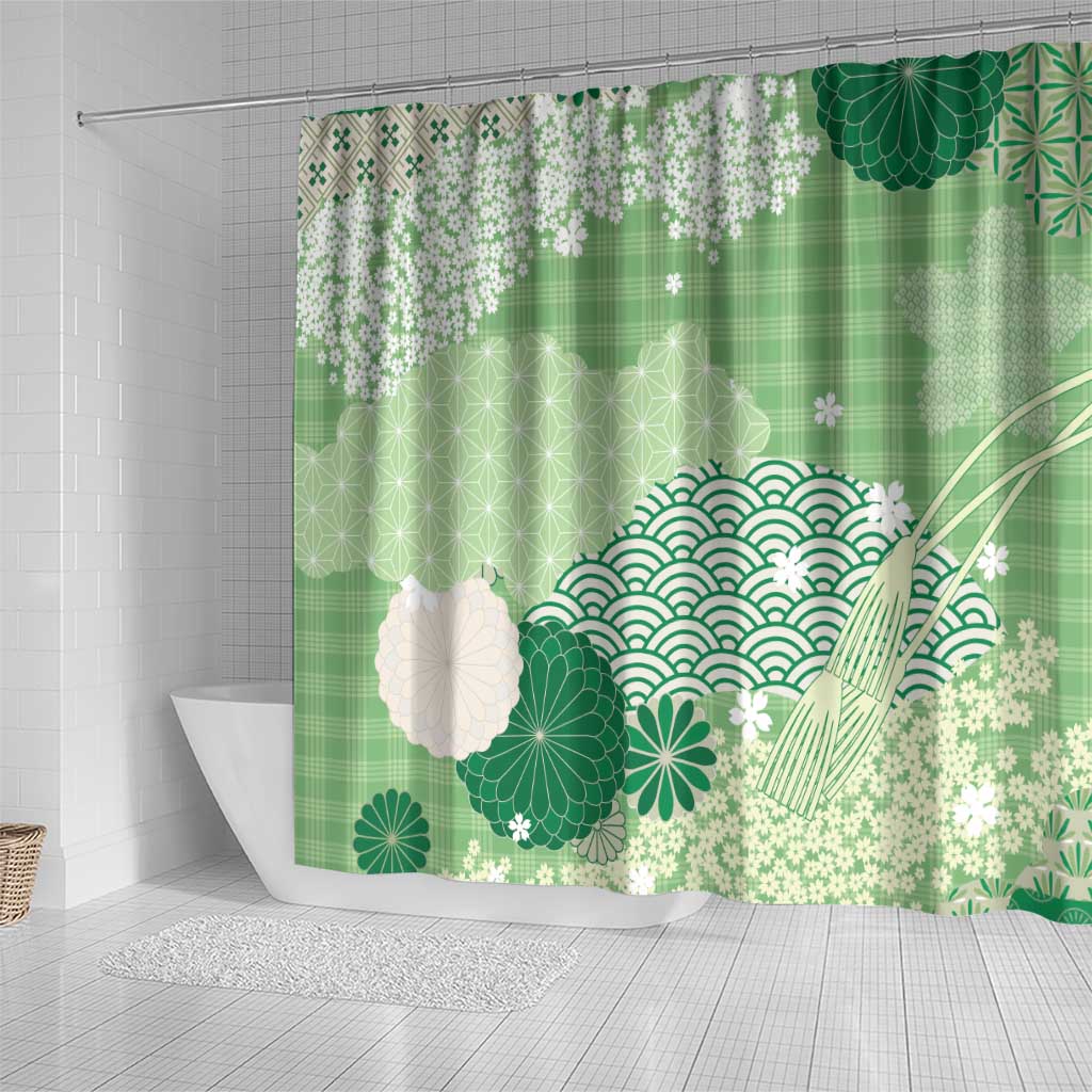 Green Palaka Japanese Patterns Shower Curtain Asanoha Seigaiha Sakura Motif LT14 - Polynesian Pride