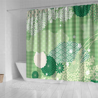 Green Palaka Japanese Patterns Shower Curtain Asanoha Seigaiha Sakura Motif LT14 - Polynesian Pride