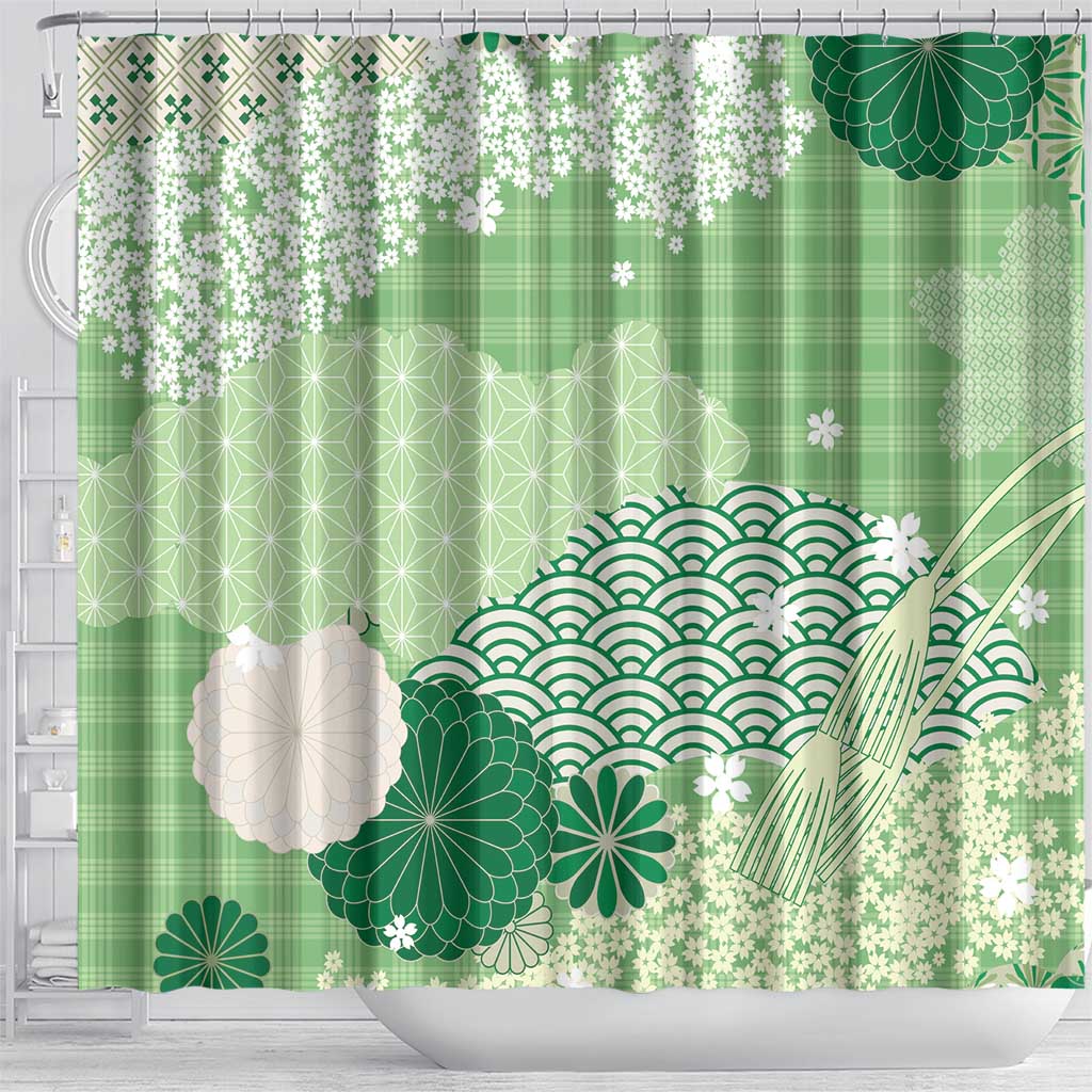 Green Palaka Japanese Patterns Shower Curtain Asanoha Seigaiha Sakura Motif LT14 - Polynesian Pride