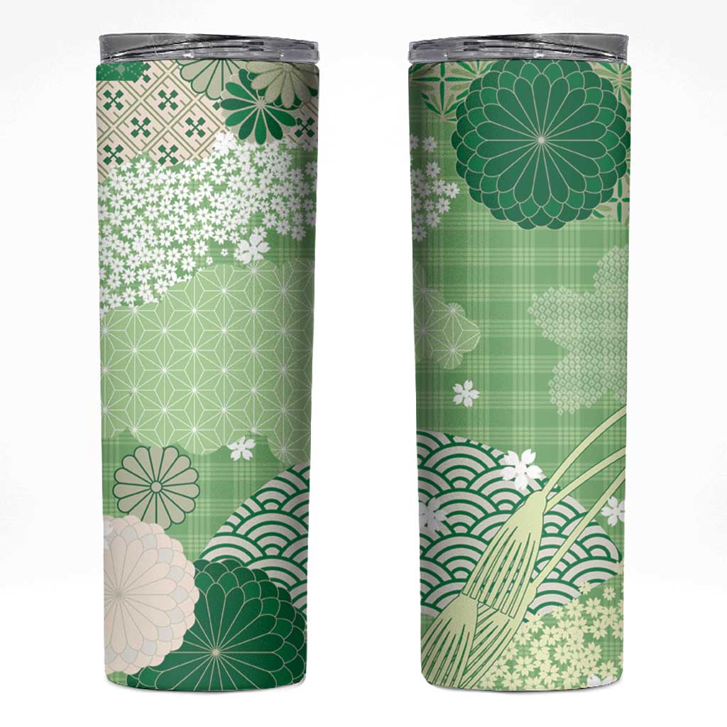 Green Palaka Japanese Patterns Skinny Tumbler Asanoha Seigaiha Sakura Motif LT14 Green - Polynesian Pride
