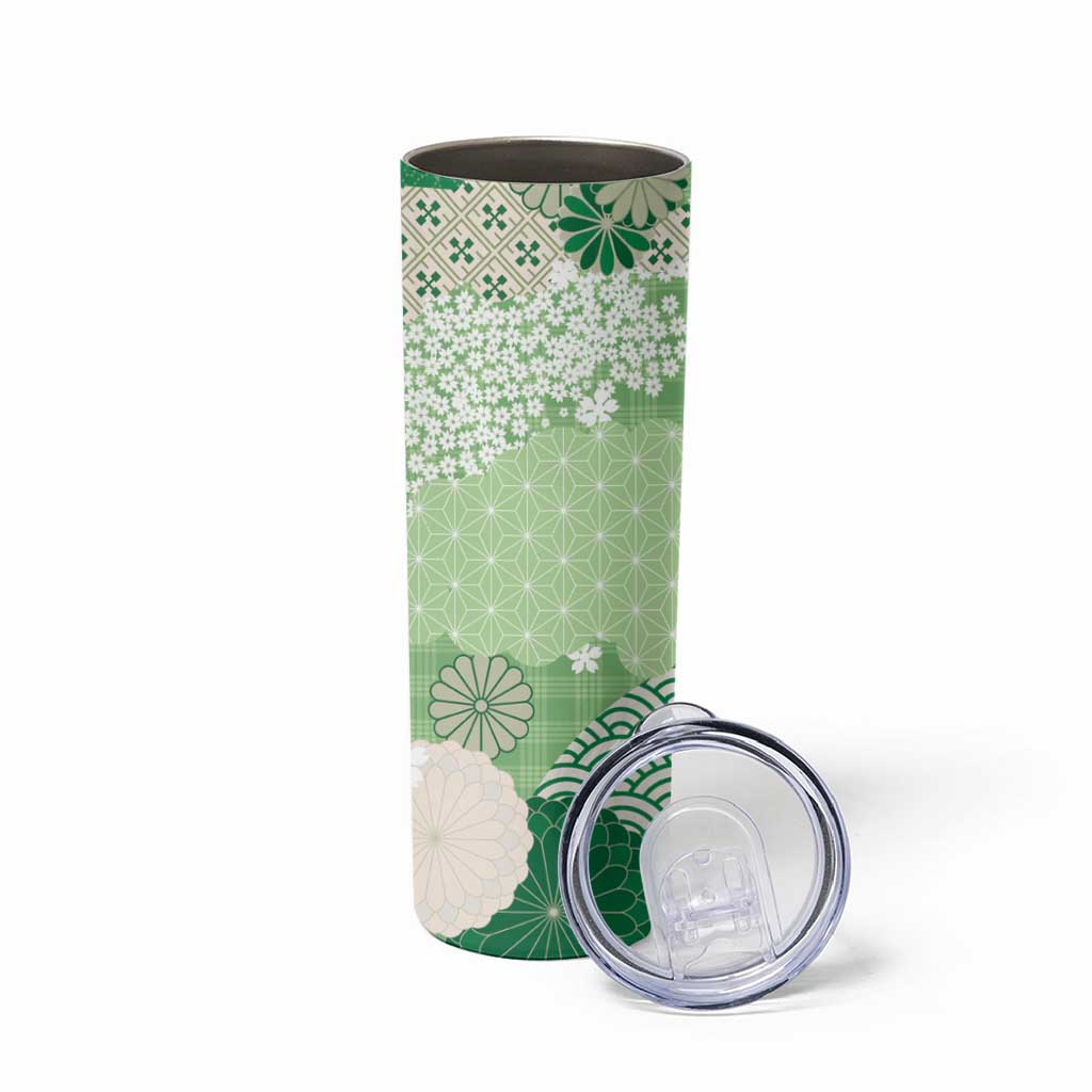 Green Palaka Japanese Patterns Skinny Tumbler Asanoha Seigaiha Sakura Motif LT14 - Polynesian Pride