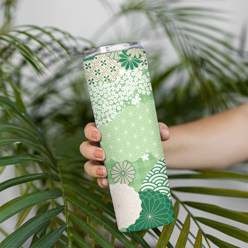 Green Palaka Japanese Patterns Skinny Tumbler Asanoha Seigaiha Sakura Motif LT14 - Polynesian Pride