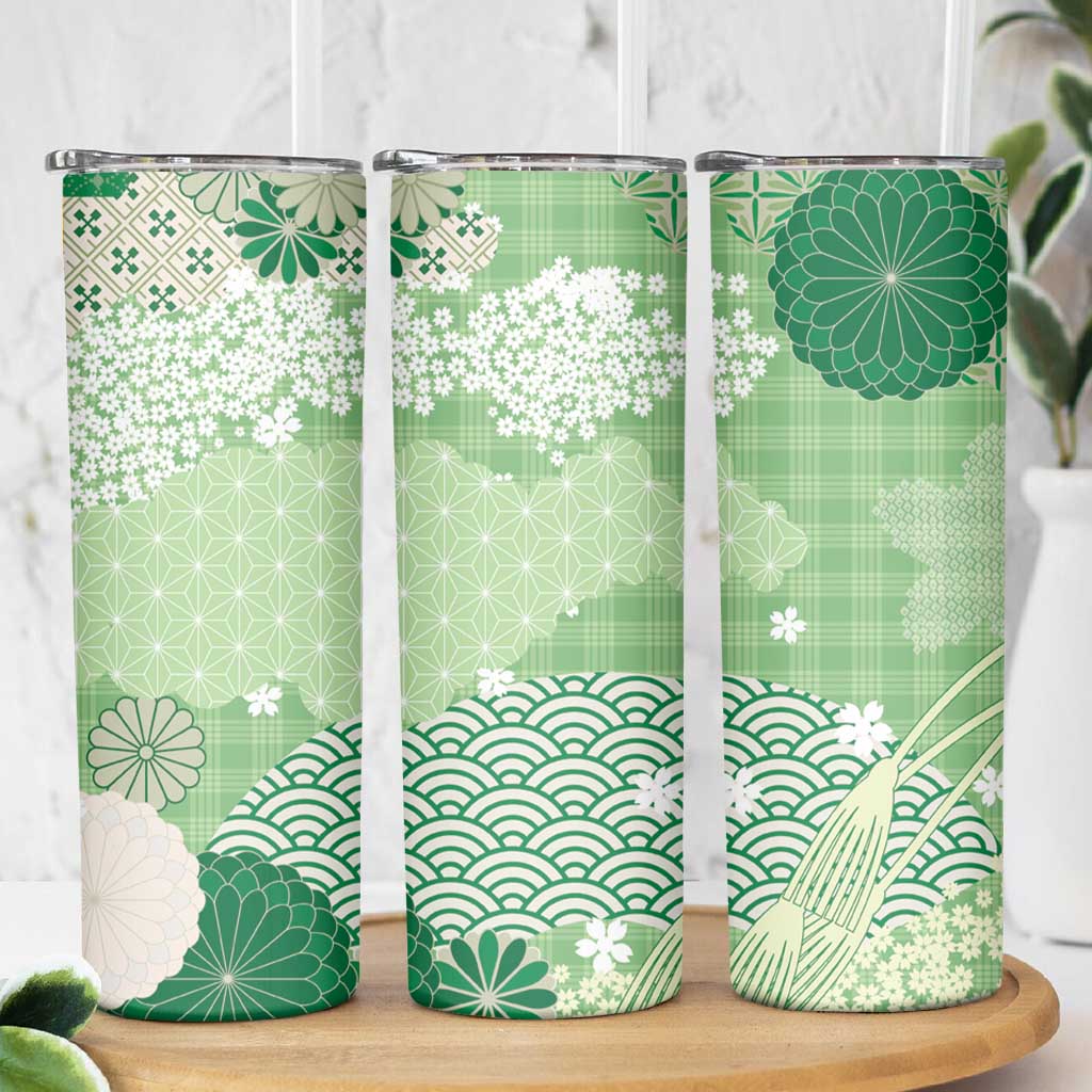Green Palaka Japanese Patterns Skinny Tumbler Asanoha Seigaiha Sakura Motif LT14 - Polynesian Pride