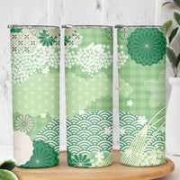Green Palaka Japanese Patterns Skinny Tumbler Asanoha Seigaiha Sakura Motif LT14 - Polynesian Pride