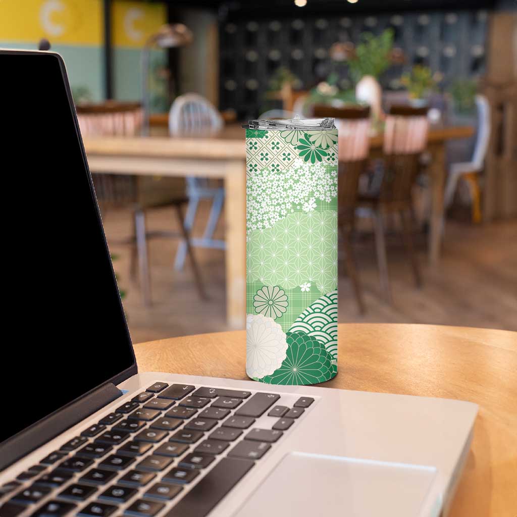 Green Palaka Japanese Patterns Skinny Tumbler Asanoha Seigaiha Sakura Motif LT14 - Polynesian Pride