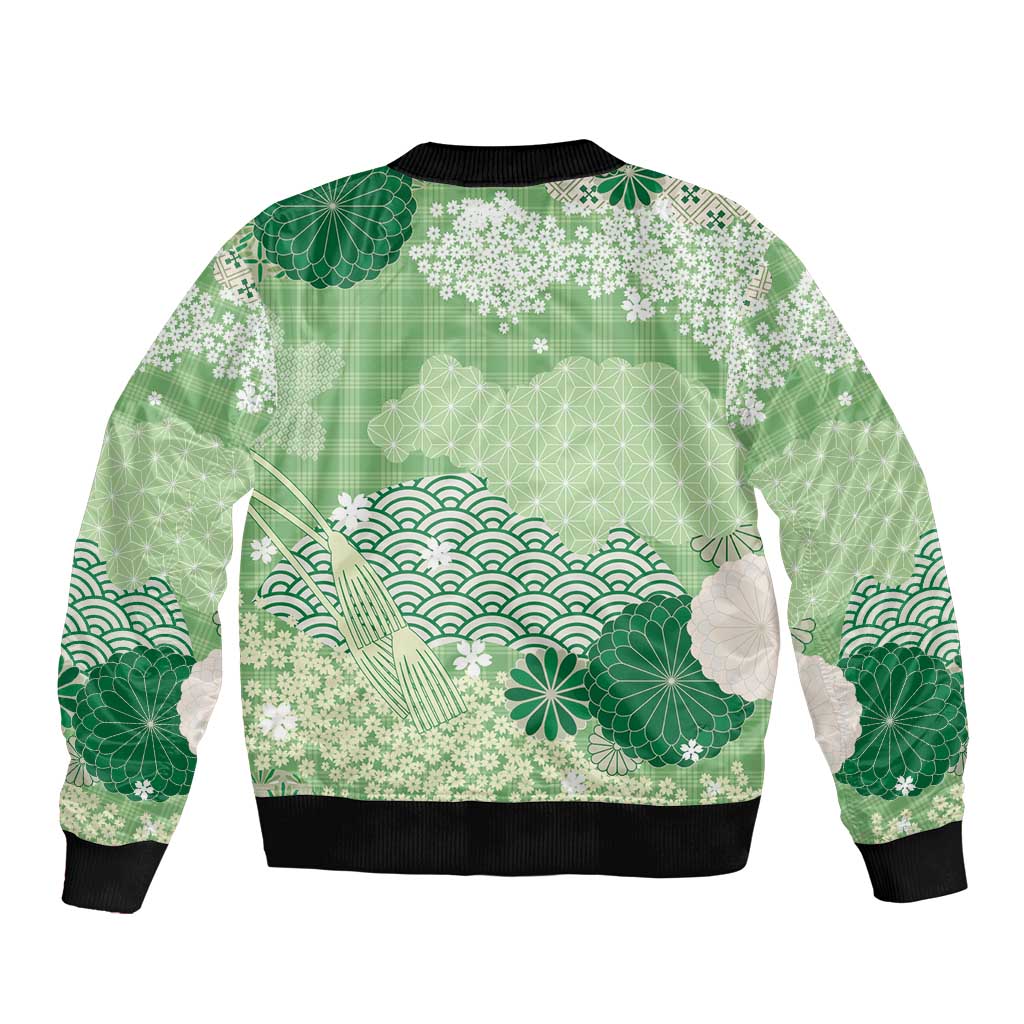 Green Palaka Japanese Patterns Sleeve Zip Bomber Jacket Asanoha Seigaiha Sakura Motif - Polynesian Pride