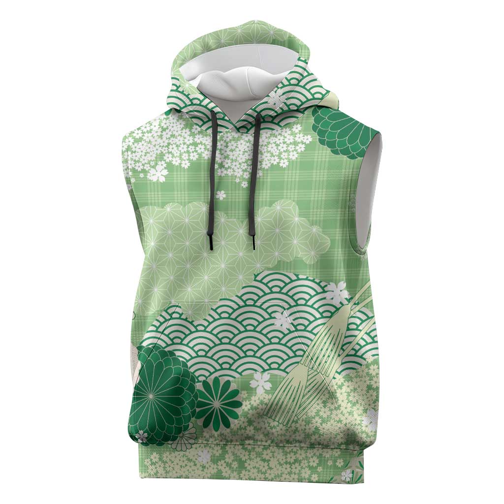 Green Palaka Japanese Patterns Sleeveless Hoodie Asanoha Seigaiha Sakura Motif LT14 Green - Polynesian Pride