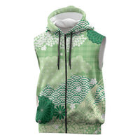 Green Palaka Japanese Patterns Sleeveless Zip Hoodie Asanoha Seigaiha Sakura Motif - Polynesian Pride