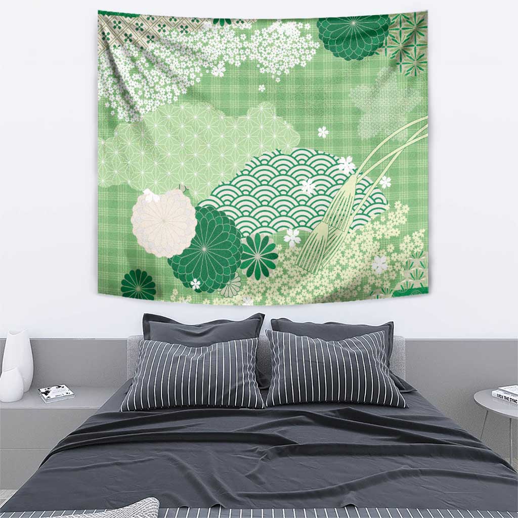 Green Palaka Japanese Patterns Tapestry Asanoha Seigaiha Sakura Motif LT14 - Polynesian Pride
