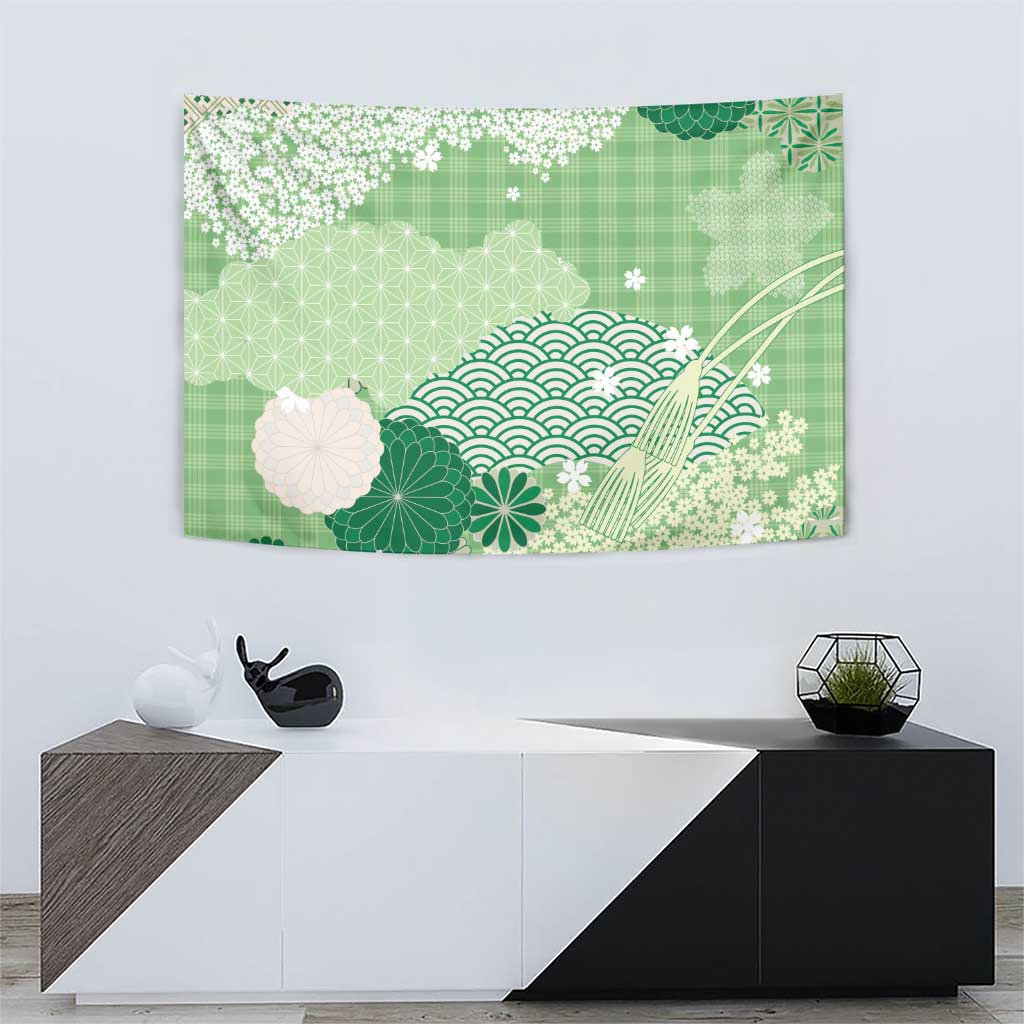 Green Palaka Japanese Patterns Tapestry Asanoha Seigaiha Sakura Motif LT14 - Polynesian Pride