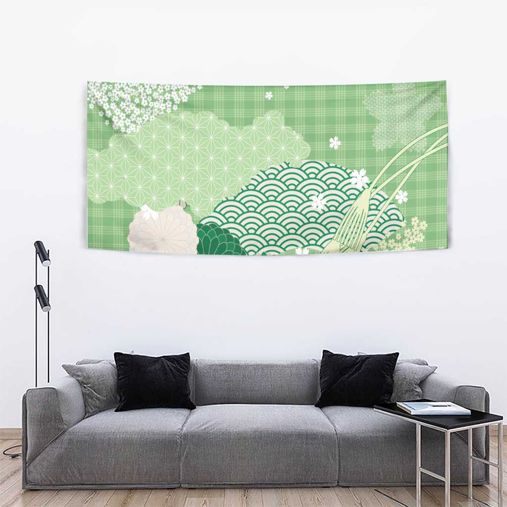 Green Palaka Japanese Patterns Tapestry Asanoha Seigaiha Sakura Motif LT14 - Polynesian Pride