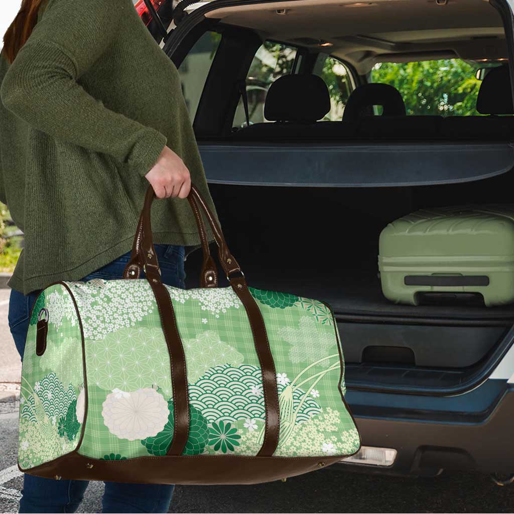 Green Palaka Japanese Patterns Travel Bag Asanoha Seigaiha Sakura Motif - Polynesian Pride