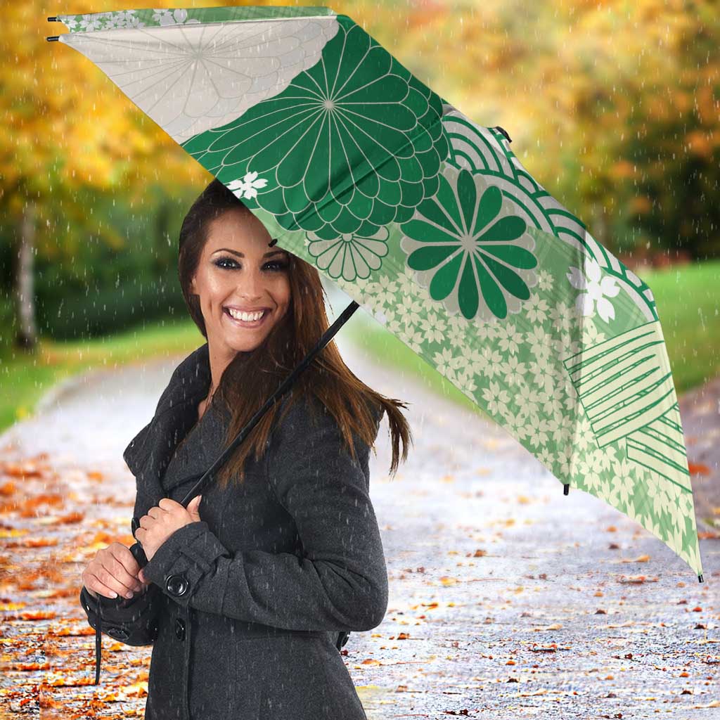 Green Palaka Japanese Patterns Umbrella Asanoha Seigaiha Sakura Motif - Polynesian Pride