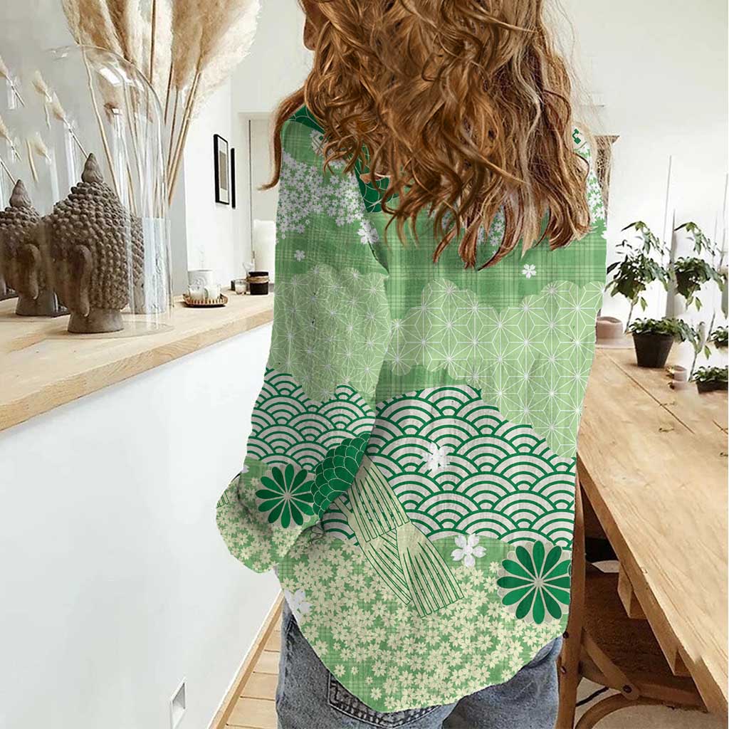 Green Palaka Japanese Patterns Women Casual Shirt Asanoha Seigaiha Sakura Motif - Polynesian Pride
