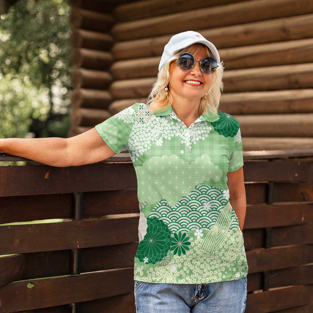 Green Palaka Japanese Patterns Women Polo Shirt Asanoha Seigaiha Sakura Motif - Polynesian Pride