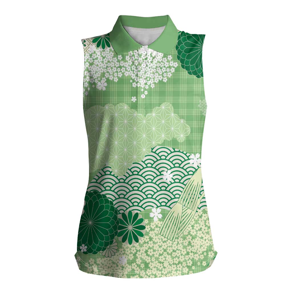 Green Palaka Japanese Patterns Women Sleeveless Polo Shirt Asanoha Seigaiha Sakura Motif LT14 Female Green - Polynesian Pride