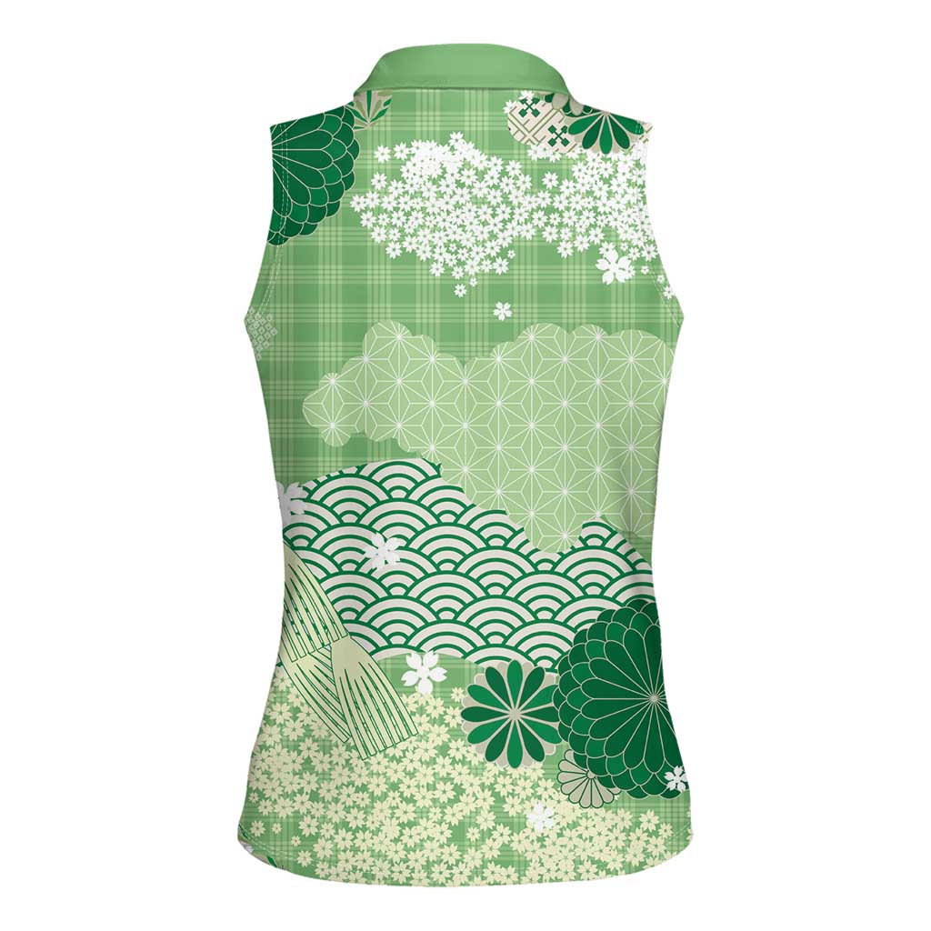 Green Palaka Japanese Patterns Women Sleeveless Polo Shirt Asanoha Seigaiha Sakura Motif LT14 - Polynesian Pride
