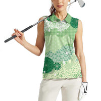 Green Palaka Japanese Patterns Women Sleeveless Polo Shirt Asanoha Seigaiha Sakura Motif LT14 - Polynesian Pride